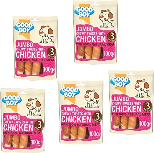 Jumbo Chicken Twists for Dogs - Bundle of 5 100g Good Boy Natural Chicken Treats Low Fat Treats for Dogs Puppies