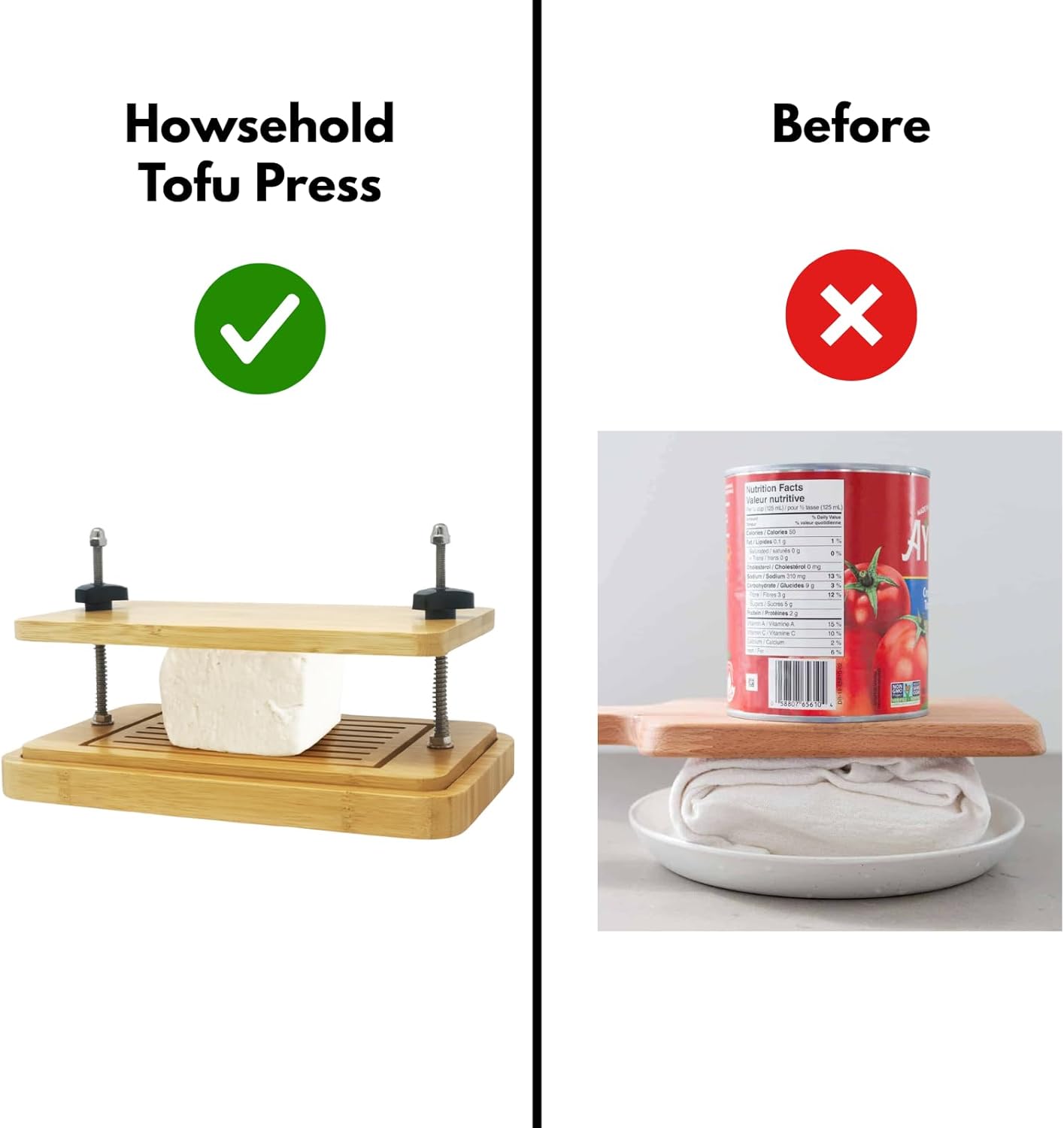 Bamboo Tofu Press with Drainage Tray & Adjustable Screws – Vegan Kitchen Gadget for Firm Tofu, Plant-Based Cooking, Flavor & Texture