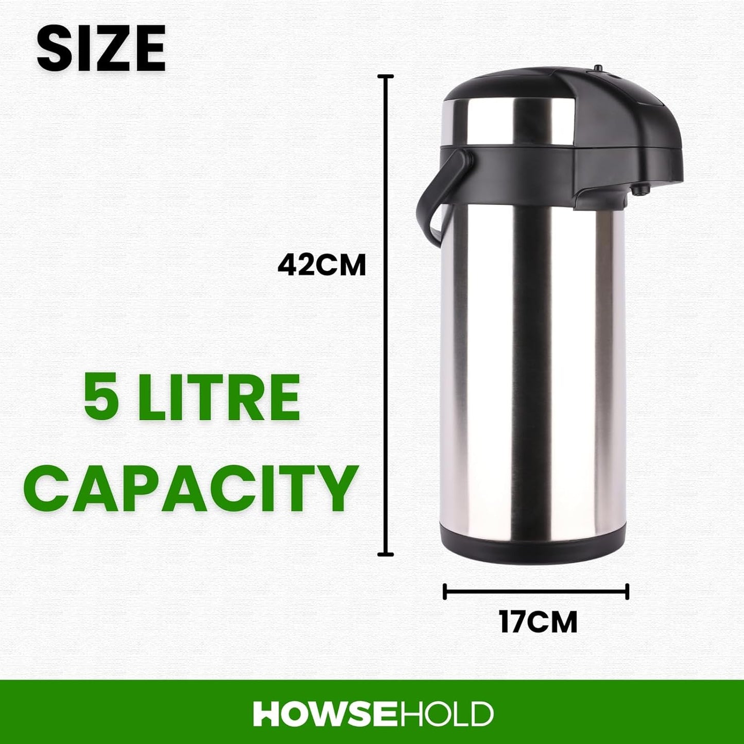 Hot Water Dispenser 5 Litre Thermal Pump Action Flask Carafe, Non Electric Stainless Steel Hot Water Dispenser for Tea & Coffee, Insulated Hot Drinks Dispenser for Catering, Events & Office Use