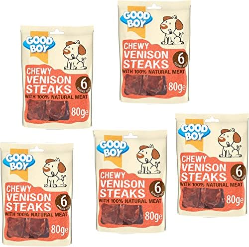 Chewy Venison Steaks for Dogs - Bundle of 5 80g Good Boy Natural Venison Treats Low Fat Treats for Dogs Puppies