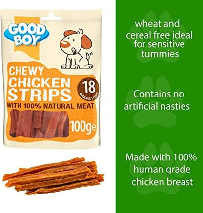 Chewy Chicken Strips for Dogs - Bundle of 5 100g Good Boy Natural Chicken Treats Low Fat Treats for Dogs Puppies