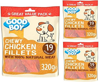 Chewy Chicken Fillets for Dogs - Bundle of 3 320g Good Boy Natural Chicken Breast Meat Treats + Howehold Tote Bag