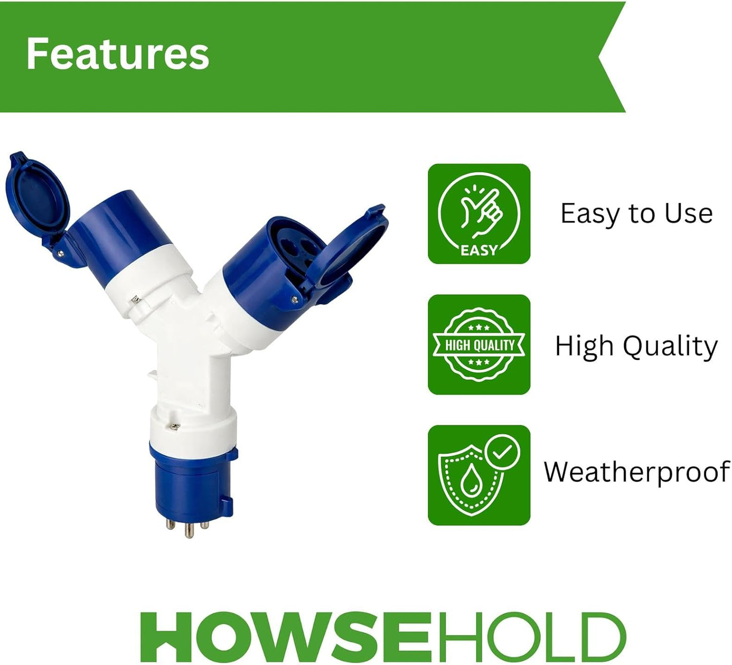 16A Caravan Hook Up Splitter Cable, 2 Way Electric Adapter for Caravan, Motorhome & Campervan, 16 Amp Camping Mains Power Splitter for Campsite Connection