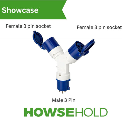 16A Caravan Hook Up Splitter Cable, 2 Way Electric Adapter for Caravan, Motorhome & Campervan, 16 Amp Camping Mains Power Splitter for Campsite Connection