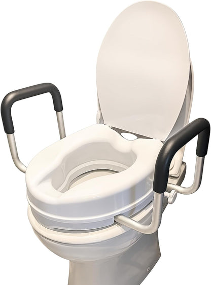 Raised Toilet Seat Riser with Handles Adds 4 Inches (10cm) Height, Foam Padded Arms, Tool-Free Installation, Easy Fit, Secure Mounting Ideal for Seniors & Recovery