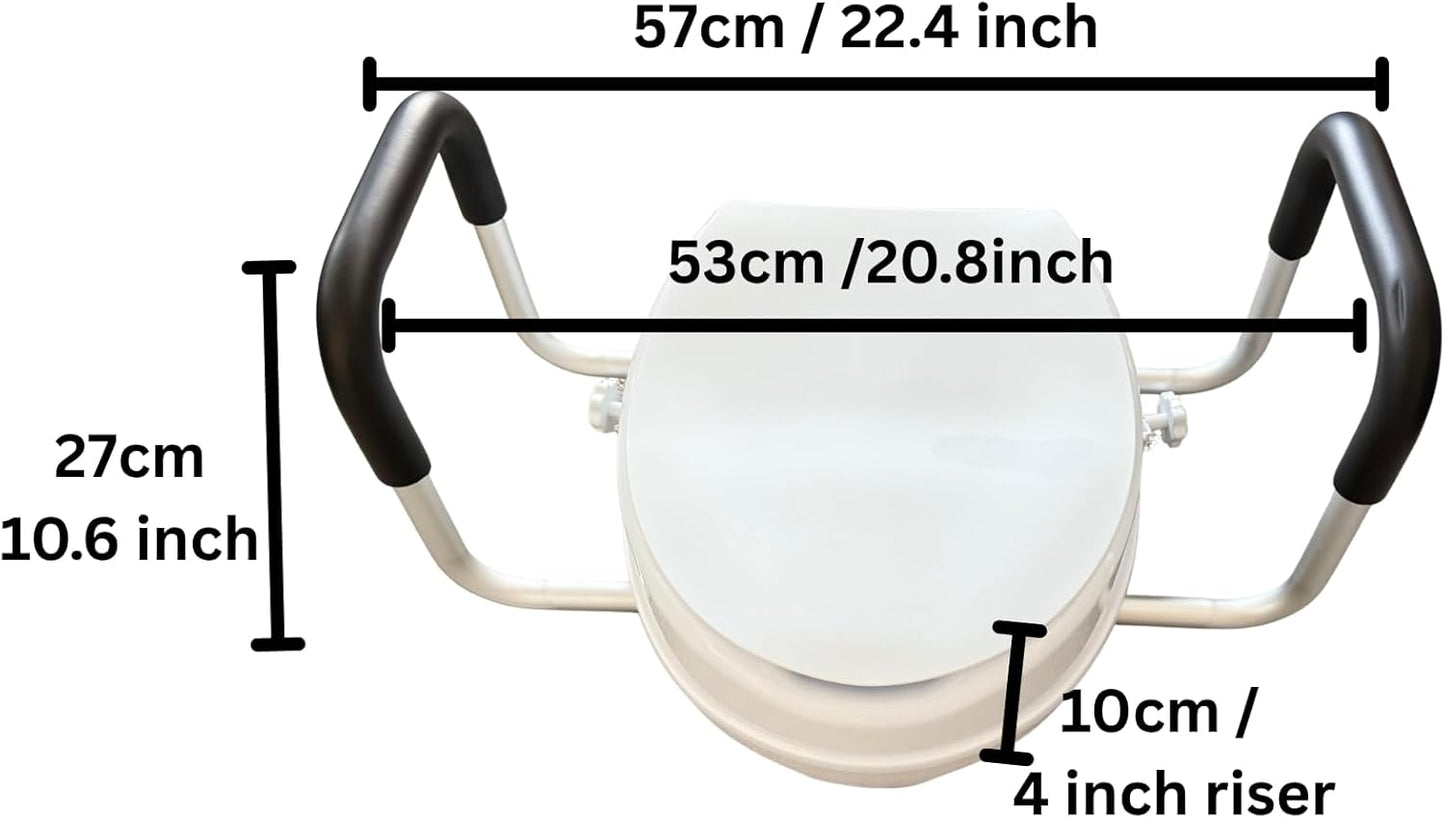 Raised Toilet Seat Riser with Handles Adds 4 Inches (10cm) Height, Foam Padded Arms, Tool-Free Installation, Easy Fit, Secure Mounting Ideal for Seniors & Recovery