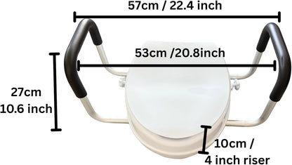 Raised Toilet Seat Riser with Handles Adds 4 Inches (10cm) Height, Foam Padded Arms, Tool-Free Installation, Easy Fit, Secure Mounting Ideal for Seniors & Recovery
