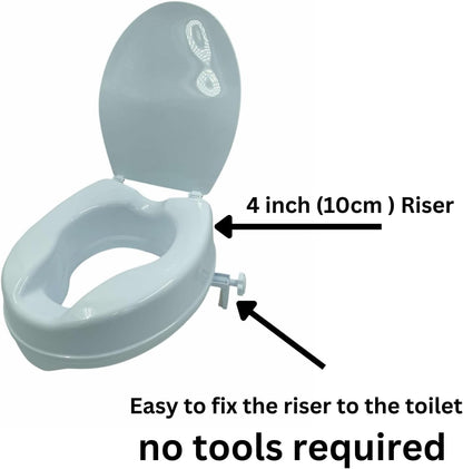 Raised Toilet Seat 4inch 10cm with Lid for Elderly and Disabled, Comfortable Raised Toilet Riser for Adults, Ideal for Elderly and Limited Mobility Aid