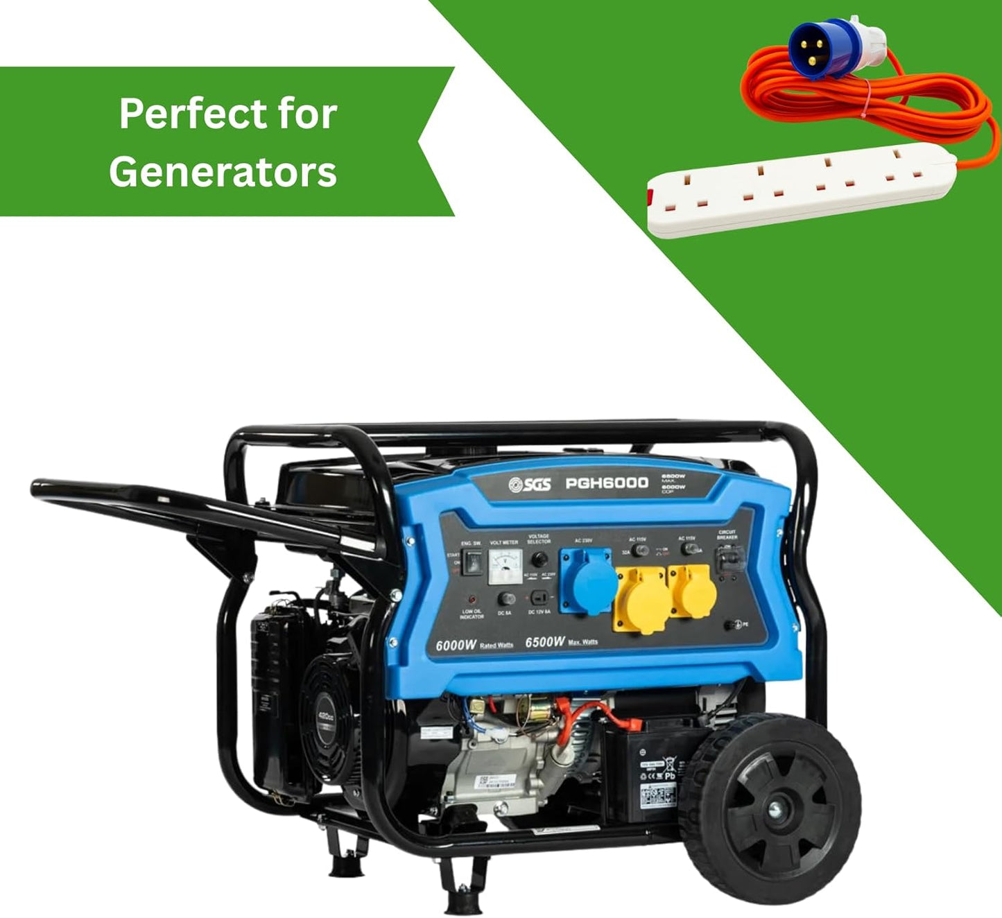 16A to 13A Extension Lead 5 Metres – Camping Electric Hook Up Cable with UK 3-Pin Plug Sockets – 240V Mains Lead for Caravans, Motorhomes, Catering Trailers & Generators – 3-Pin Blue Plug