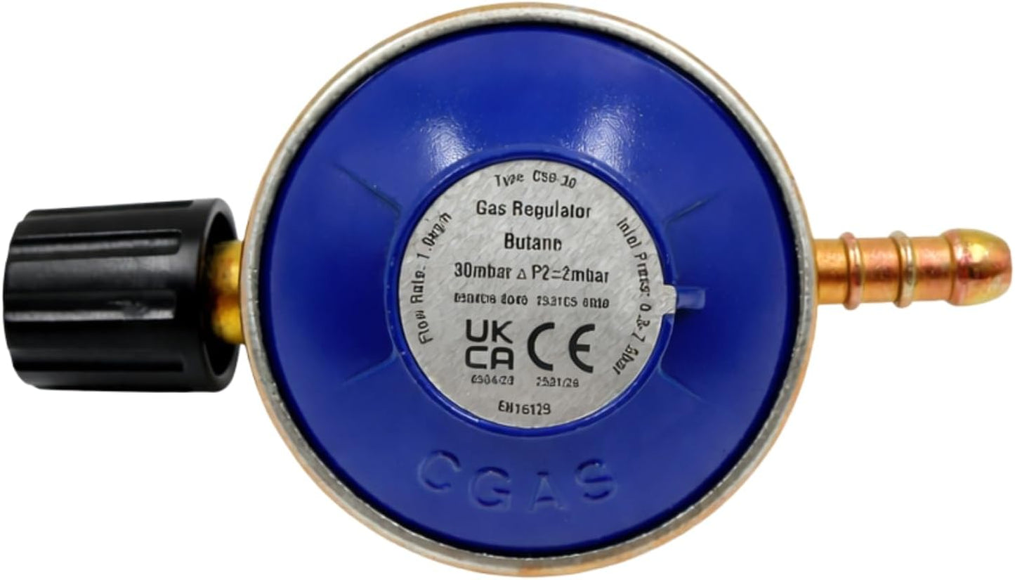 HowseHold 30mbar Butane Gas Regulator with 2m Hose and Clips, for 901 904 907 Cylinders, Tap Control, Camping, BBQ, Caravan