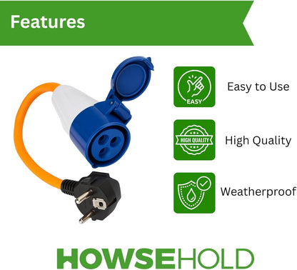 HowseHold European Hook Up Adapter 16 amp to 230v, 3 Pin to EU plug for camping Caravan Motorhome Mains to EU Plug