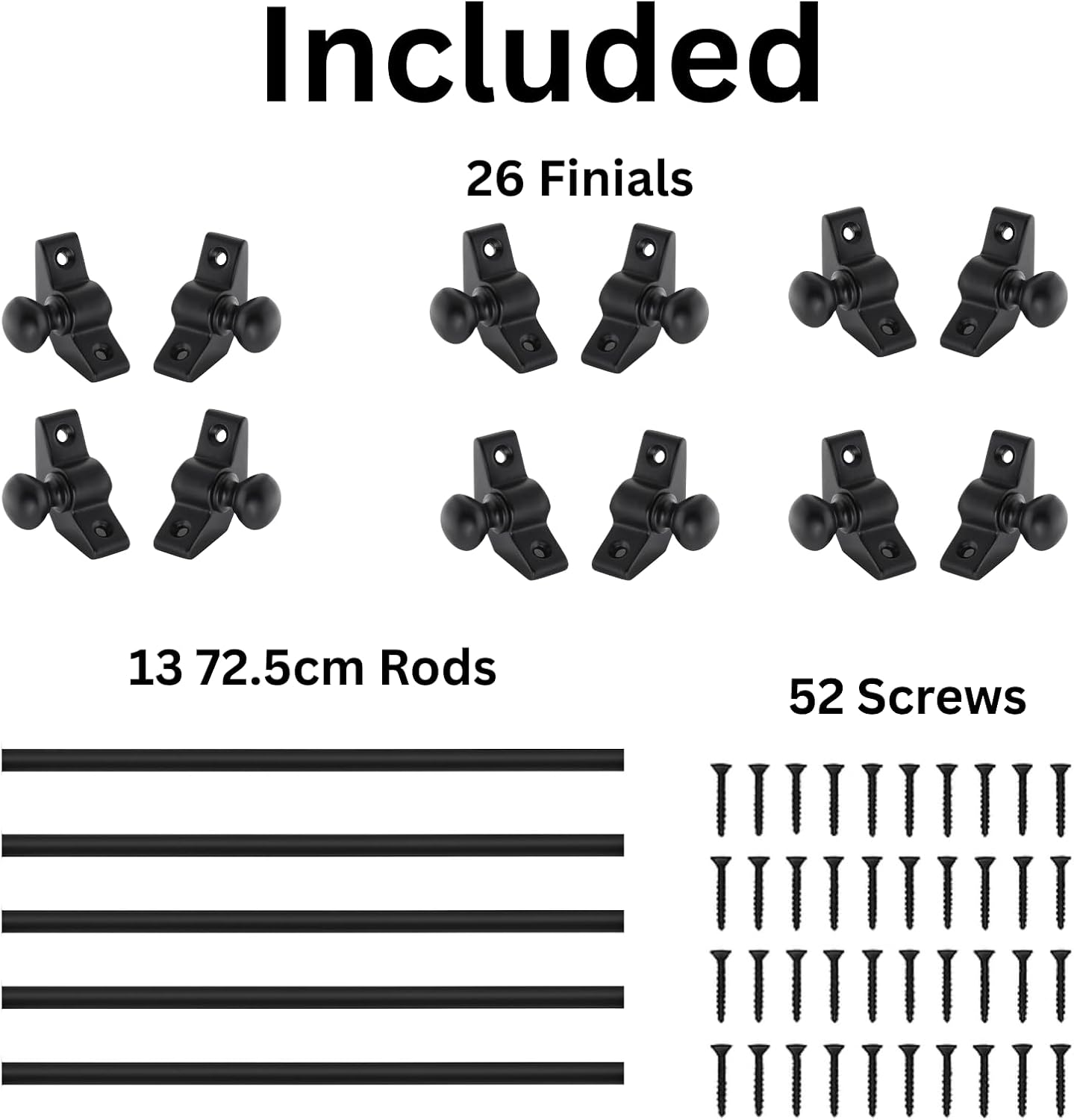 Carpet Stair Rods (Pack of 13) Decorative Black Metal Stair Rods with Round Finials and Screws Fits Carpet Runners Up to 70cm Easy to Cut and Install UK