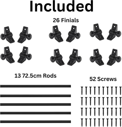 Carpet Stair Rods (Pack of 13) Decorative Black Metal Stair Rods with Round Finials and Screws Fits Carpet Runners Up to 70cm Easy to Cut and Install UK