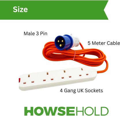 16A to 13A Extension Lead 5 Metres – Camping Electric Hook Up Cable with UK 3-Pin Plug Sockets – 240V Mains Lead for Caravans, Motorhomes, Catering Trailers & Generators – 3-Pin Blue Plug