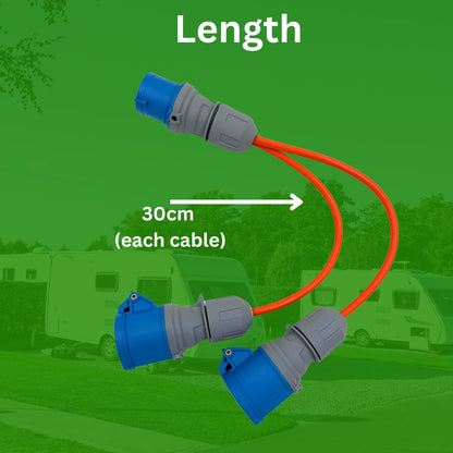 16 Amp Splitter Electric Cable – Male to Female 2 Way Splitter Caravan Hook Up Adapter for Camping, Caravans, Motorhomes, Catering Trailers and Generators 3 Pin Plug