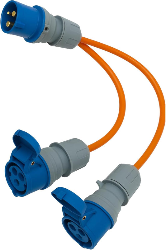 16 Amp Splitter Electric Cable – Male to Female 2 Way Splitter Caravan Hook Up Adapter for Camping, Caravans, Motorhomes, Catering Trailers and Generators 3 Pin Plug