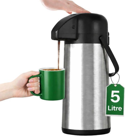 Hot Water Dispenser 5 Litre Thermal Pump Action Flask Carafe, Non Electric Stainless Steel Hot Water Dispenser for Tea & Coffee, Insulated Hot Drinks Dispenser for Catering, Events & Office Use