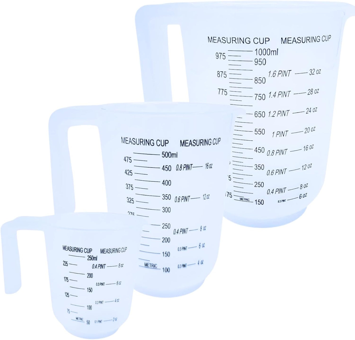 Measuring Jugs Set of 3 – 1L, 500ml & 250ml – Kitchen Measuring Jug for Cooking & Baking – Clear Measurement in Millilitres, Pints & Ounces – Stackable & Easy-Pour Design