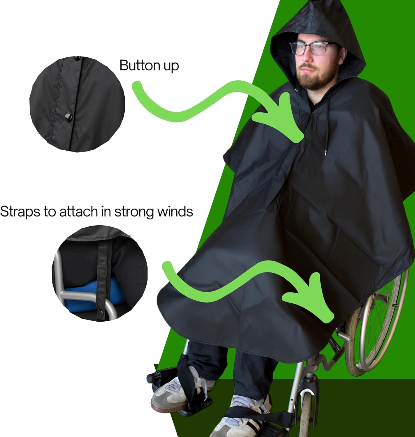 Waterproof Rain Poncho for Wheelchairs and Mobility Scooters - Protection from Rain and Wind Unisex, Lightweight One Size Fits All Hooded Rain Cape Wheelchair Accessories