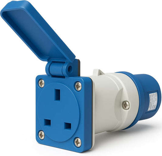 16A to 13A Plug Adapter with Hinged Cover – 3 Pin to UK Socket Camping Electric Hook Up for Caravans, Motorhomes, Catering Trailers & Generators