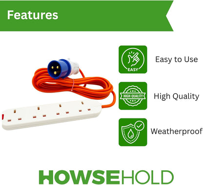 16A to 13A Extension Lead 5 Metres – Camping Electric Hook Up Cable with UK 3-Pin Plug Sockets – 240V Mains Lead for Caravans, Motorhomes, Catering Trailers & Generators – 3-Pin Blue Plug