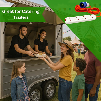 16A to 13A Extension Lead 5 Metres – Camping Electric Hook Up Cable with UK 3-Pin Plug Sockets – 240V Mains Lead for Caravans, Motorhomes, Catering Trailers & Generators – 3-Pin Blue Plug