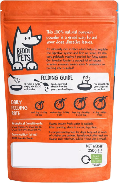 Pumpkin Powder for Dogs - 250g Pumpkin Puree High Fibre Digestive Supplement to Firm Up Stools, Support Gut Health & Sensitive Stomachs, Natural Food Topper,