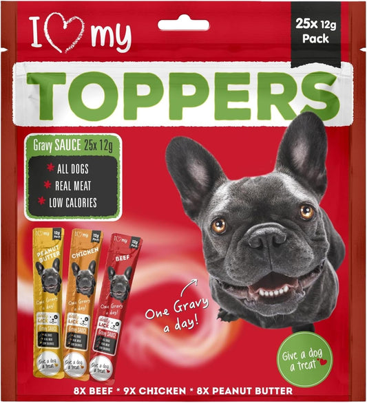 Dog Gravy Food Toppers (25 Pack) Mixed Variety Gravy Sauce Toppers for Dogs - Peanut Butter, Beef and Chicken 12g Each, Real Meat, Low Calorie