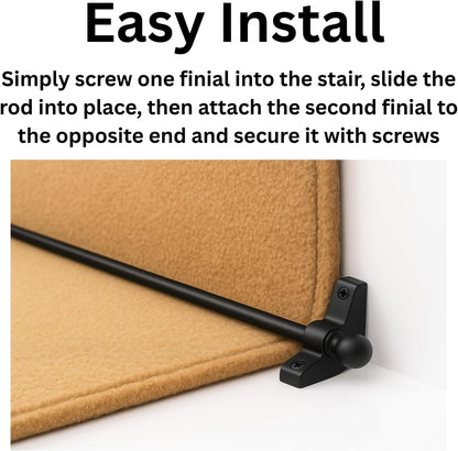 Carpet Stair Rods (Pack of 13) Decorative Black Metal Stair Rods with Round Finials and Screws Fits Carpet Runners Up to 70cm Easy to Cut and Install UK
