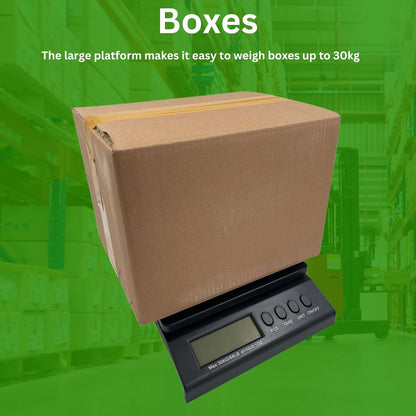 Digital Postal Scale 30KG Scales Large Platform for Parcels and Large Letters Perfect for Small Businesses Unit, Tare and Pieces Functions UK Plug