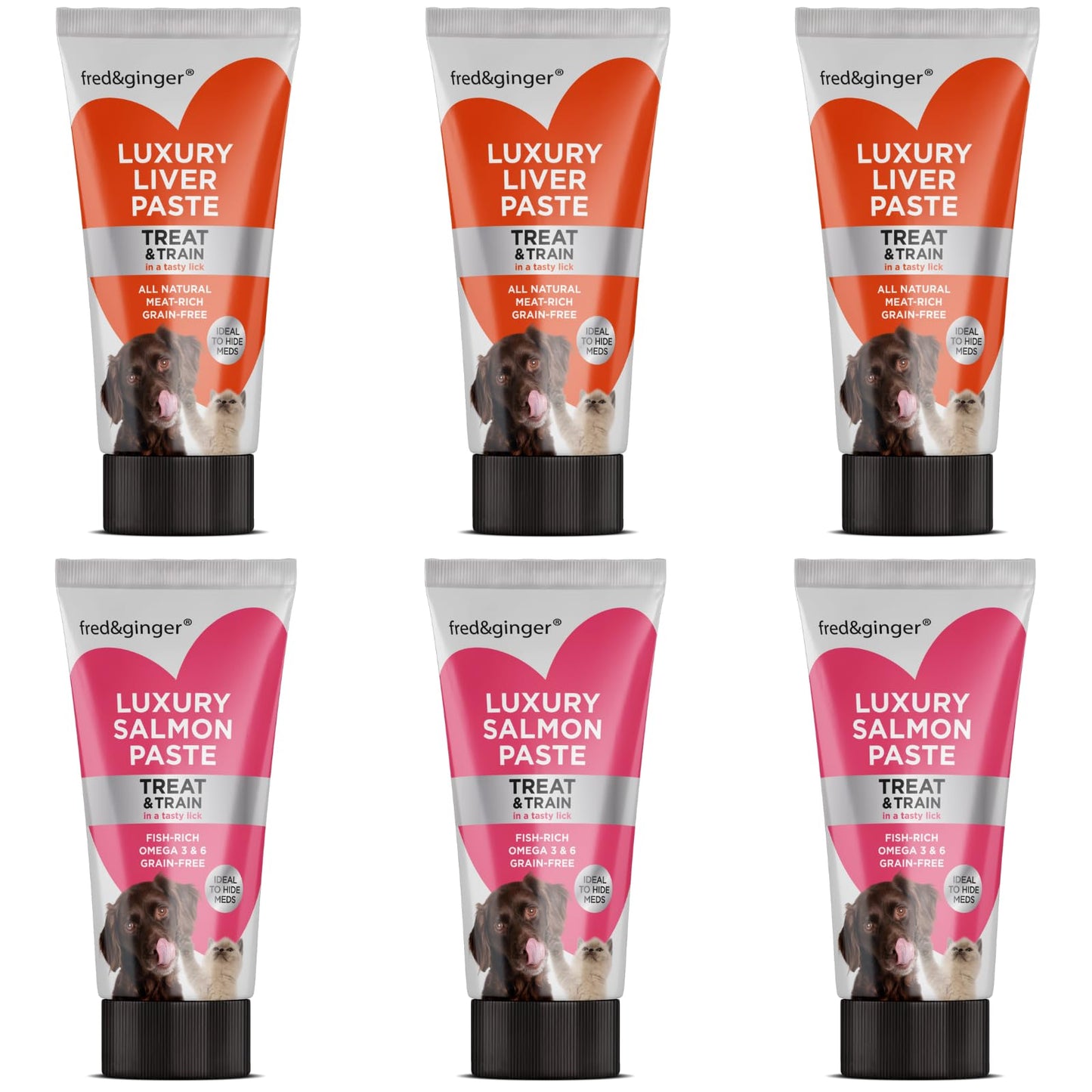 Liver Paste & Salmon Paste Tubes for Dogs and Cats 75g [Pack of 6] Grain Free, Hypoallergenic Luxury Liver Pate Ideal Training Aid, Medication Administering, Lick Matt