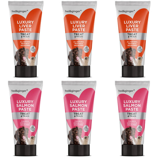 Liver Paste & Salmon Paste Tubes for Dogs and Cats 75g [Pack of 6] Grain Free, Hypoallergenic Luxury Liver Pate Ideal Training Aid, Medication Administering, Lick Matt