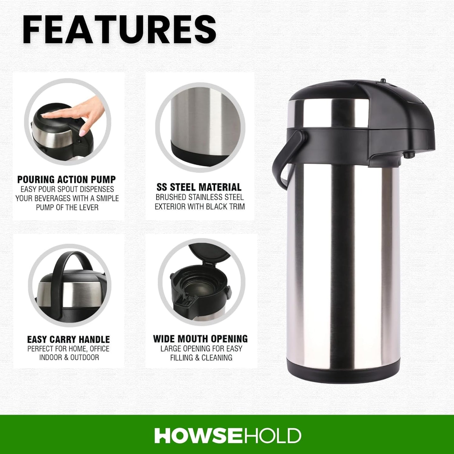 Hot Water Dispenser 5 Litre Thermal Pump Action Flask Carafe, Non Electric Stainless Steel Hot Water Dispenser for Tea & Coffee, Insulated Hot Drinks Dispenser for Catering, Events & Office Use