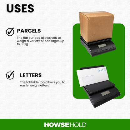 Digital Postal Scale, Electronic Weighing Scale with LCD Display, Multiple Units (Grams, Kilograms, Pounds, Ounces), Zero/Tare Function, Hold Feature, Up to 36 KG Capacity, Black