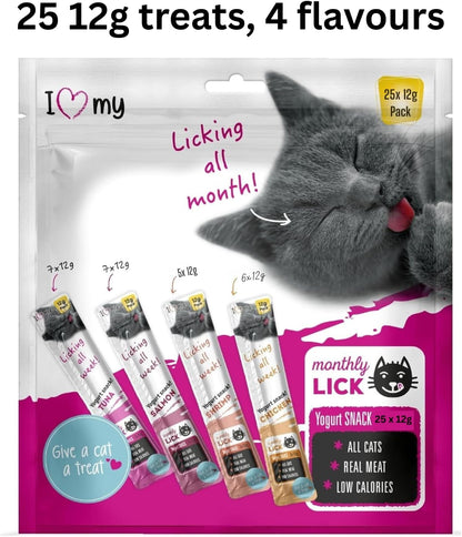 Cat Yoghurt Lickable Treats (25 Pack) Mixed Variety - Chicken, Salmon, Tuna & Shrimp – Creamy Cat Treats Made with Real Meat – 12g Each 4 Flavours