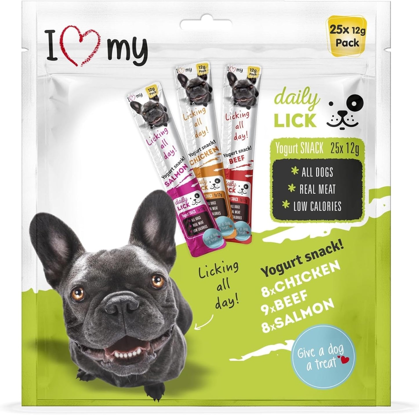 Dog Yoghurt Lickable Treats (25 Pack) Mixed Variety - Beef, Chicken & Salmon – Creamy Dog Treats Made with Real Meat – 12g Each 3 Flavours