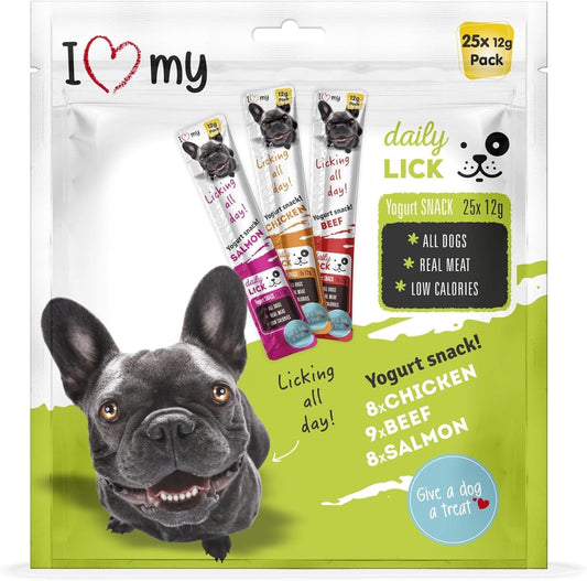 Dog Yoghurt Lickable Treats (25 Pack) Mixed Variety - Beef, Chicken & Salmon – Creamy Dog Treats Made with Real Meat – 12g Each 3 Flavours