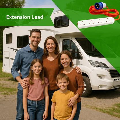 16A to 13A Extension Lead 5 Metres – Camping Electric Hook Up Cable with UK 3-Pin Plug Sockets – 240V Mains Lead for Caravans, Motorhomes, Catering Trailers & Generators – 3-Pin Blue Plug