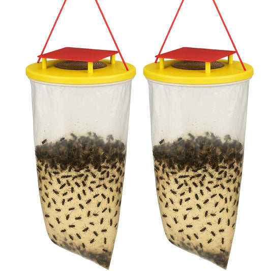 Fly Trap (Pack of 2) Outdoor Hanging Fly Catcher Bags with Bait Included Traps Flies, Fruit Flies, Insects & Bugs Ideal for Gardens & Bins Catches Thousands