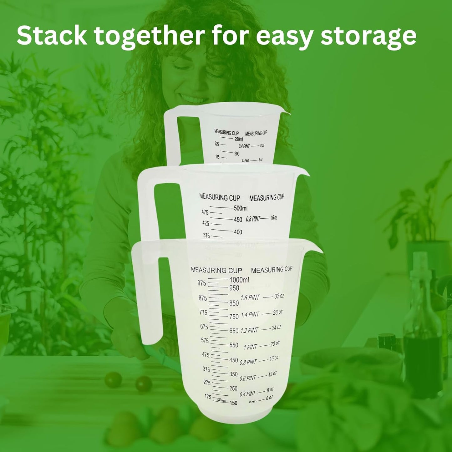 Measuring Jugs Set of 3 – 1L, 500ml & 250ml – Kitchen Measuring Jug for Cooking & Baking – Clear Measurement in Millilitres, Pints & Ounces – Stackable & Easy-Pour Design