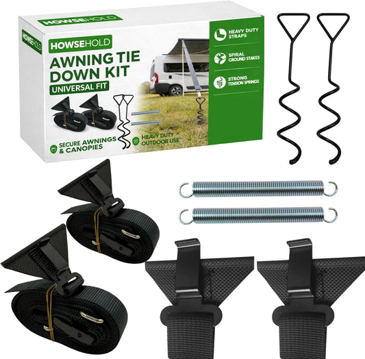 Awning Tie Down Kit Universal Storm Staps for Caravan, Camper and Motorhome Awnings Adjustable Tie-Down Fastening System with Spiral Ground Pegs, Shock Absorbing Springs & Durable Buckles