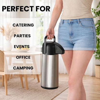 Hot Water Dispenser 5 Litre Thermal Pump Action Flask Carafe, Non Electric Stainless Steel Hot Water Dispenser for Tea & Coffee, Insulated Hot Drinks Dispenser for Catering, Events & Office Use