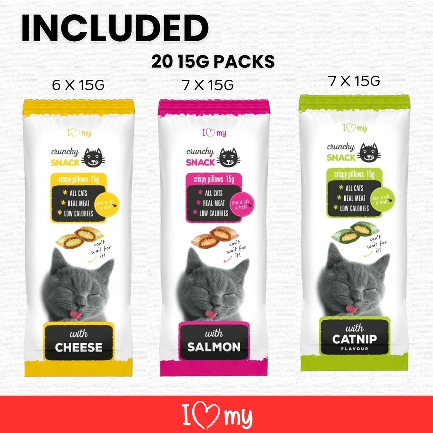 Cat Cushion Treats (20 Packs) Mixed Variety Cat Treats Real Meat Catnip, Chicken and Salmon Flavour Pillows Individually Wrapped Crunchy Biscuits Mega Pack of Snacks for Indoor and Outdoor Cats