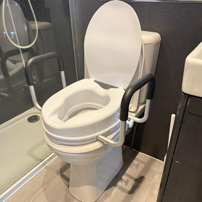 Raised Toilet Seat Riser with Handles Adds 4 Inches (10cm) Height, Foam Padded Arms, Tool-Free Installation, Easy Fit, Secure Mounting Ideal for Seniors & Recovery