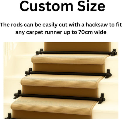 Carpet Stair Rods (Pack of 13) Decorative Black Metal Stair Rods with Round Finials and Screws Fits Carpet Runners Up to 70cm Easy to Cut and Install UK