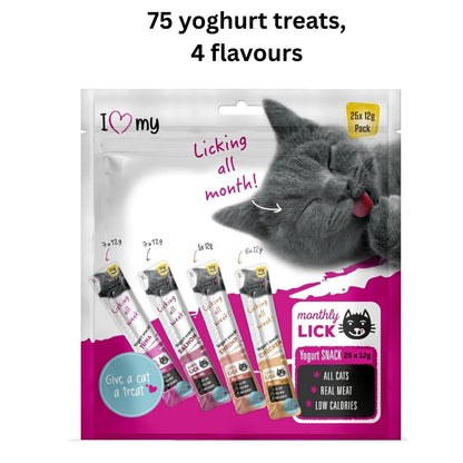 Cat Yoghurt Lickable Treats (75 Pack) Mixed Variety - Chicken, Salmon, Tuna & Shrimp – Creamy Cat Treats Made with Real Meat – 12g Each 4 Flavours