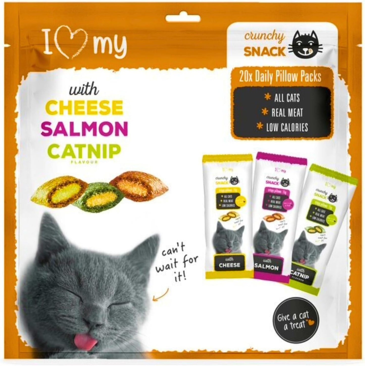 Cat Cushion Treats (20 Packs) Mixed Variety Cat Treats Real Meat Catnip, Chicken and Salmon Flavour Pillows Individually Wrapped Crunchy Biscuits Mega Pack of Snacks for Indoor and Outdoor Cats