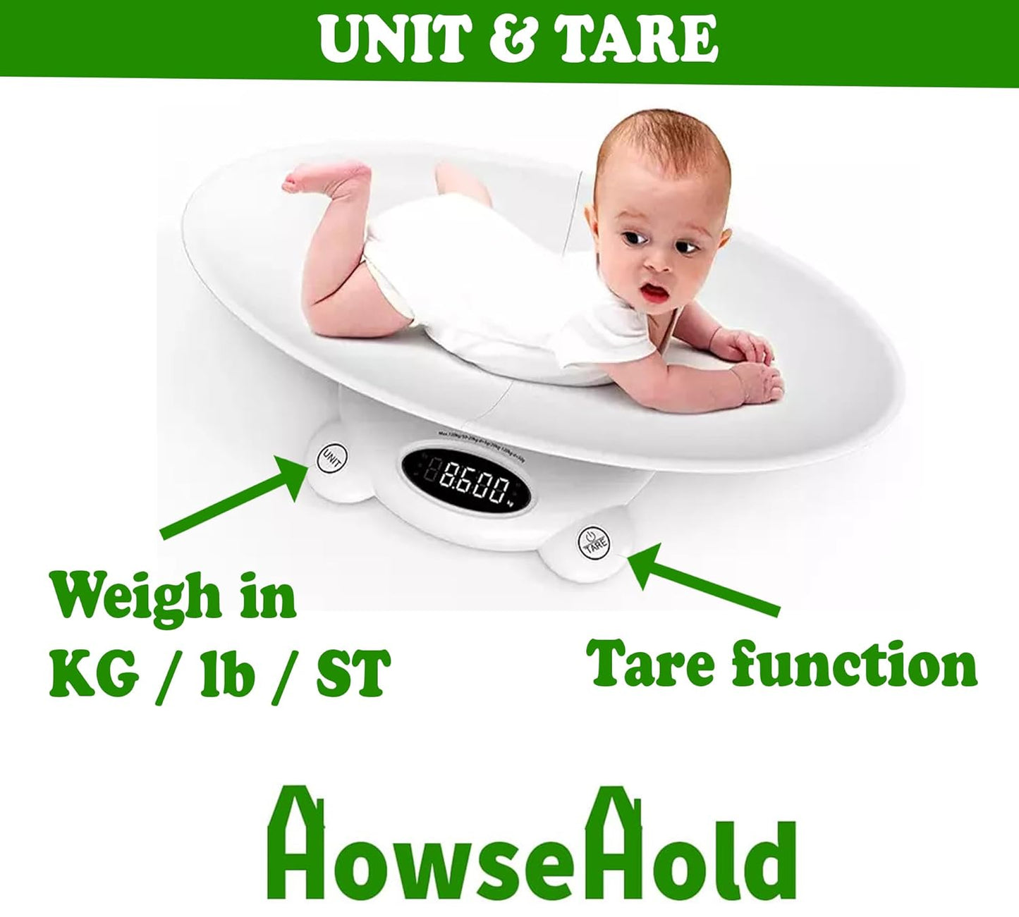 Digital Baby Scales - Baby to Adult Weighing Scales Up to 120kg Safe Curved Platform Measures KG / lb / Stone with Tare Function