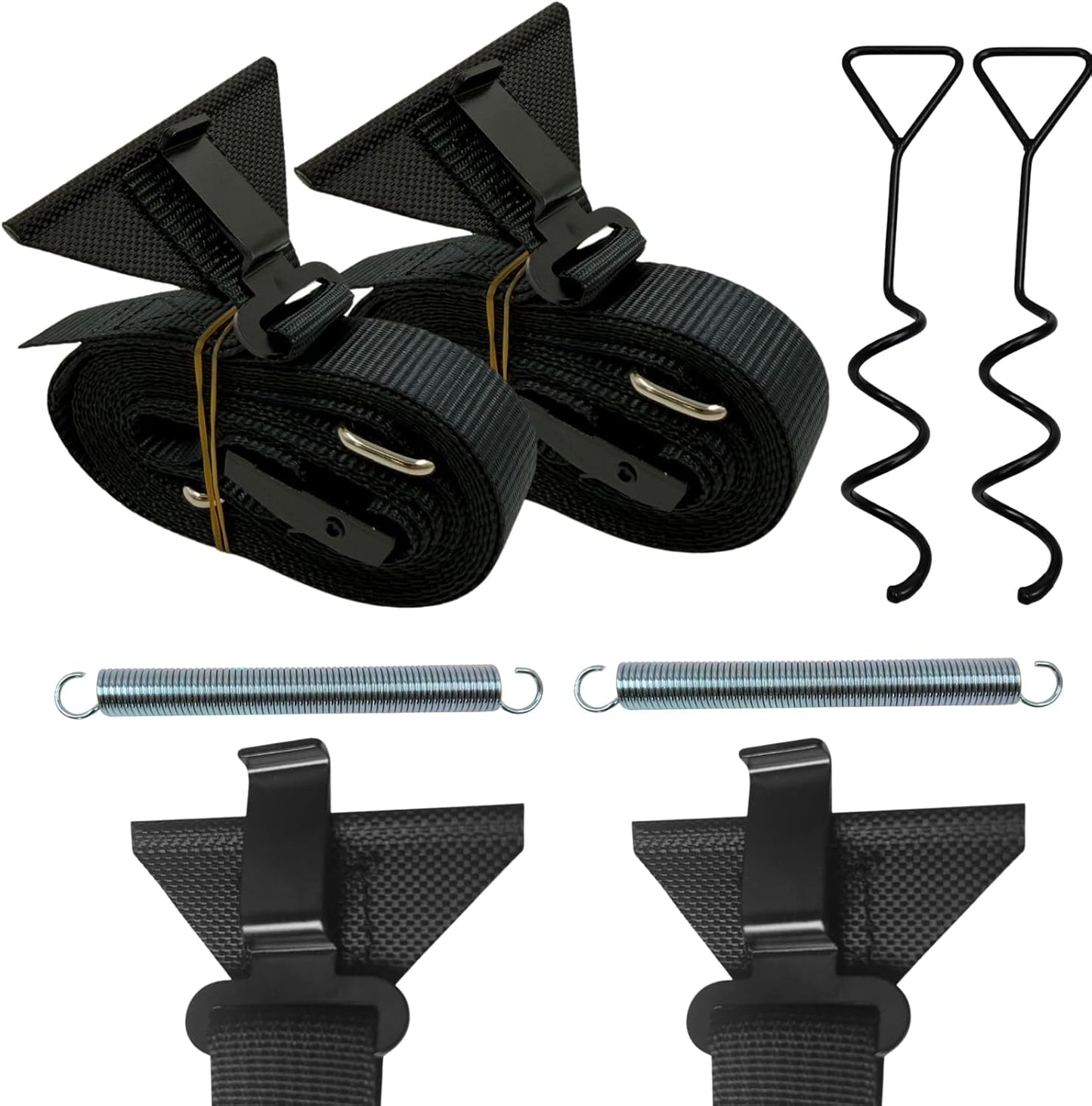 Awning Tie Down Kit Universal Storm Staps for Caravan, Camper and Motorhome Awnings Adjustable Tie-Down Fastening System with Spiral Ground Pegs, Shock Absorbing Springs & Durable Buckles