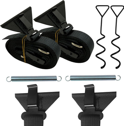 Awning Tie Down Kit Universal Storm Staps for Caravan, Camper and Motorhome Awnings Adjustable Tie-Down Fastening System with Spiral Ground Pegs, Shock Absorbing Springs & Durable Buckles